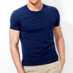Brand New Men's T Shirt Pure Color Lycra Cotton Short Sleeved T-Shirt Male Round Neck Tops Cotton Bottoming Shirt