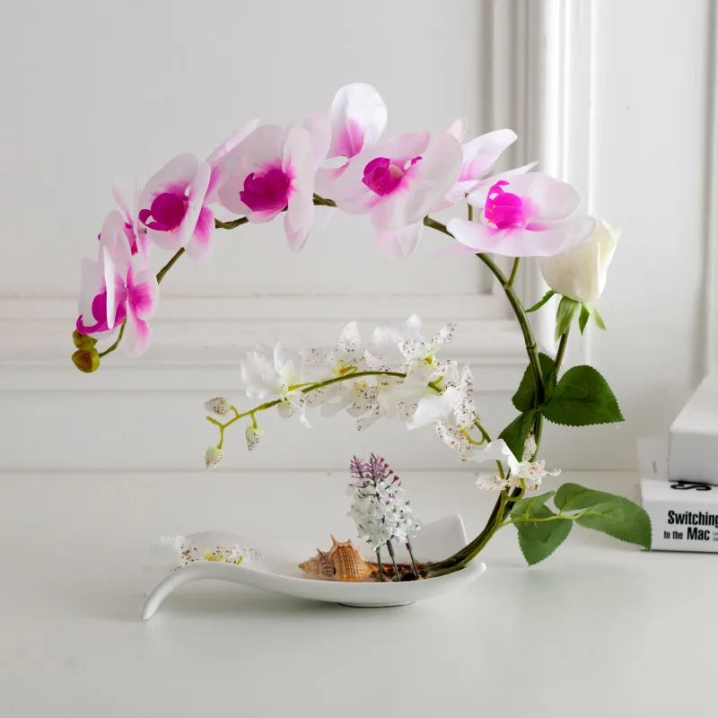 Butterfly Orchid Artificial Flowers Set Fake Flower Ceramic Vase