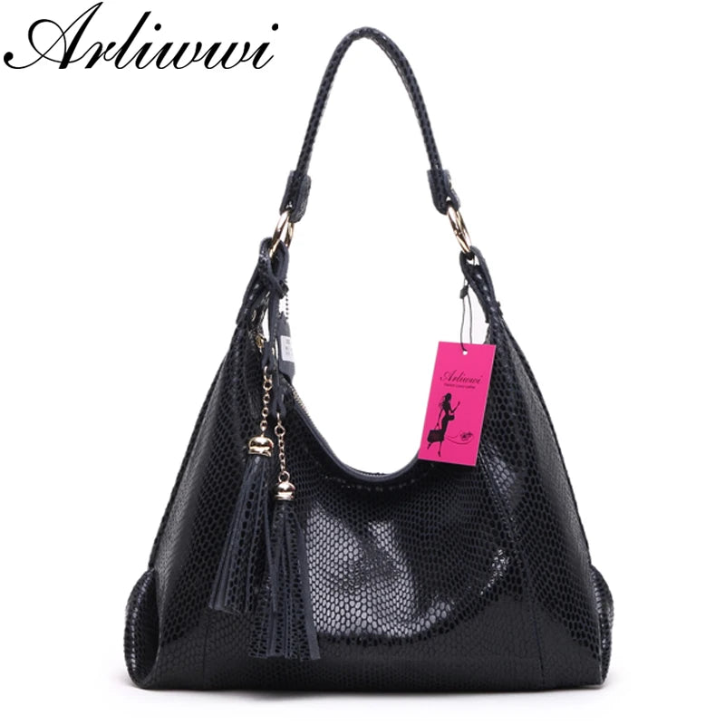 Cow Leather Lady Crossbody Tassel Handbags Shiny Snake Embossed Shoulder Tote Bags For Women GY11