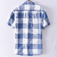 New Design Short-sleeved Linen Plaid Shirt for Men