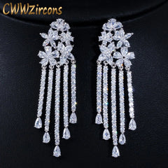 Sparkling Cubic Zirconia Pave Long Flower Tassel Drop Wedding Earrings