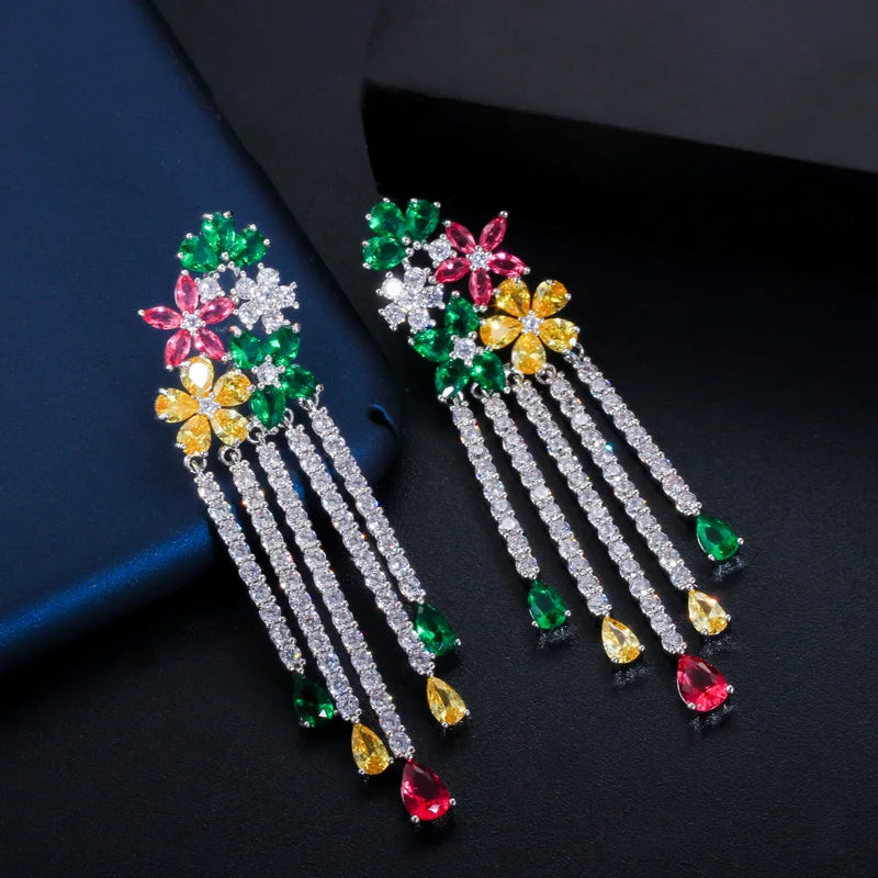 Sparkling Cubic Zirconia Pave Long Flower Tassel Drop Wedding Earrings