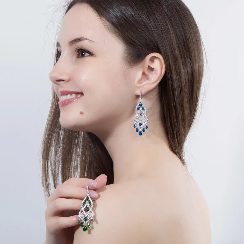 Women Jewelry Noble Green Cubic Zircon Long Drop Bridal Wedding Chandelier Earrings for Brides