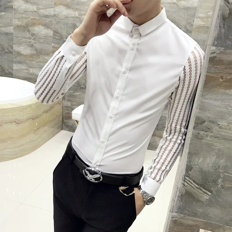 Mens Black White Lace Hollow Patchwork Shirt