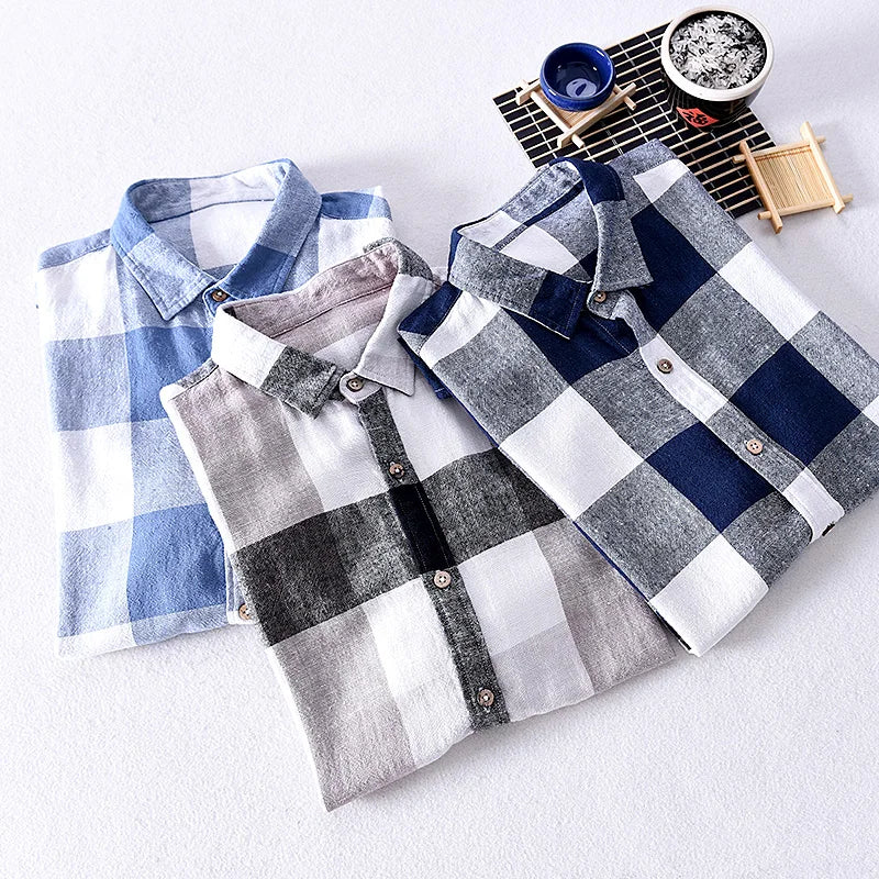 New Design Short-sleeved Linen Plaid Shirt for Men