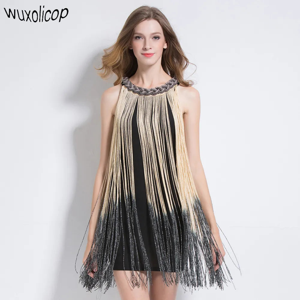 Great Gatsby Ombre Metal Chain Halter Black Dress