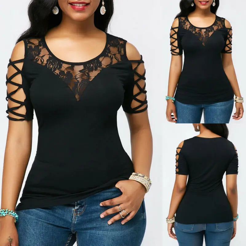 Personality Fashion  Women Cold Shoulder Round Neck T Shirts Summer Short Sleeve Floral Lace Slim Tee Tops