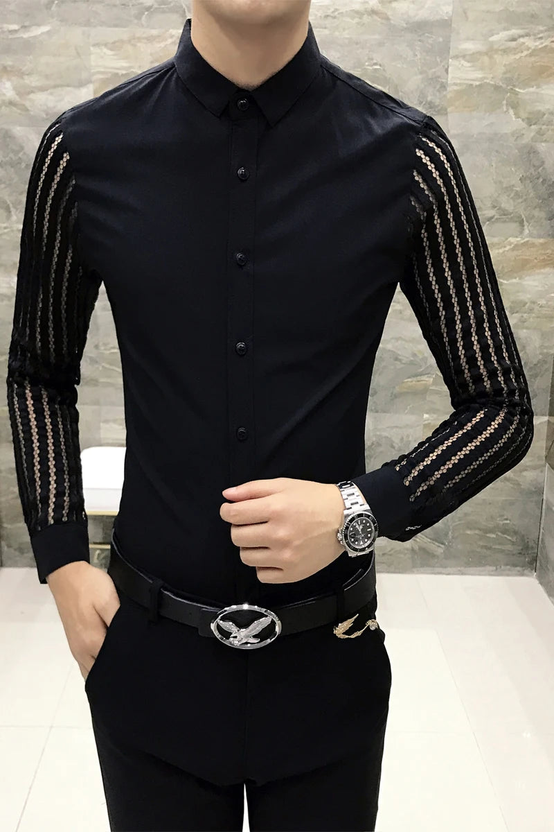 Mens Black White Lace Hollow Patchwork Shirt