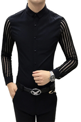 Mens Black White Lace Hollow Patchwork Shirt