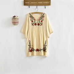 Ethnic Floral EMBROIDERED Hippie BOHO Mexican puff slv Loose DRESS