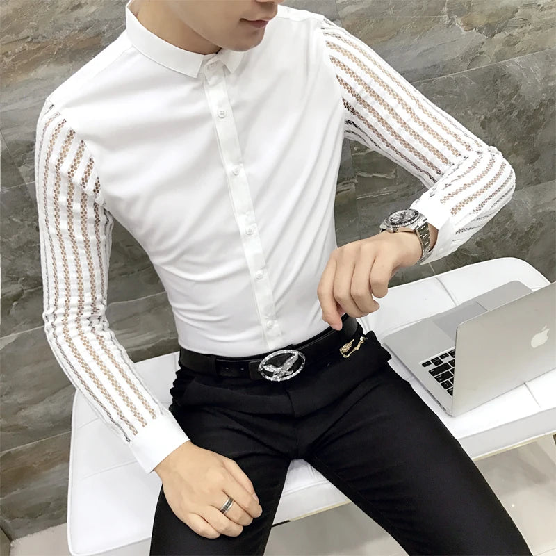 Mens Black White Lace Hollow Patchwork Shirt