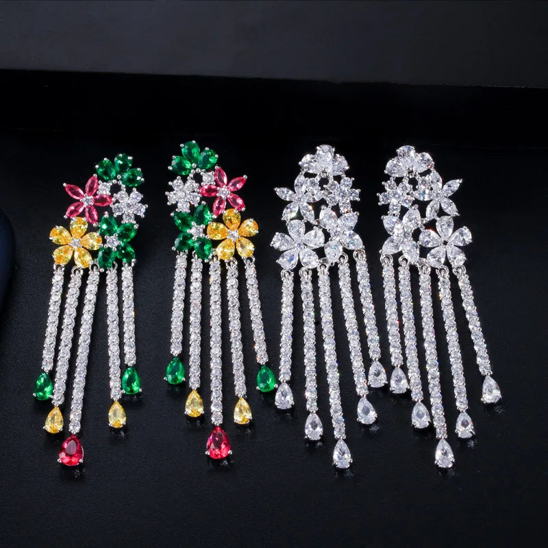 Sparkling Cubic Zirconia Pave Long Flower Tassel Drop Wedding Earrings