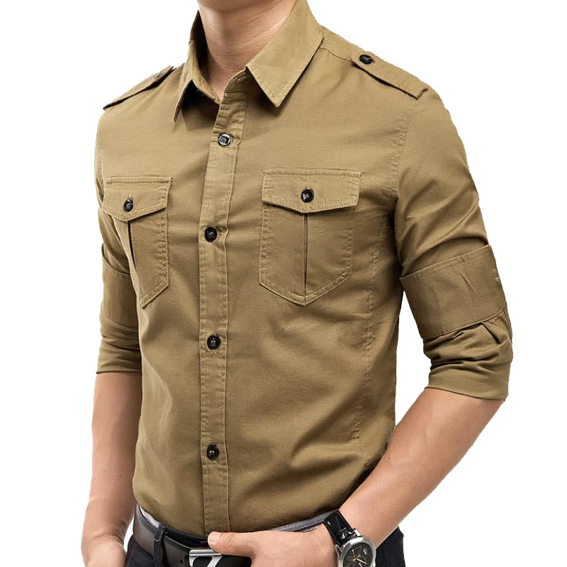 Military Slim Fit Mens Long Sleeve Cargo Shirts