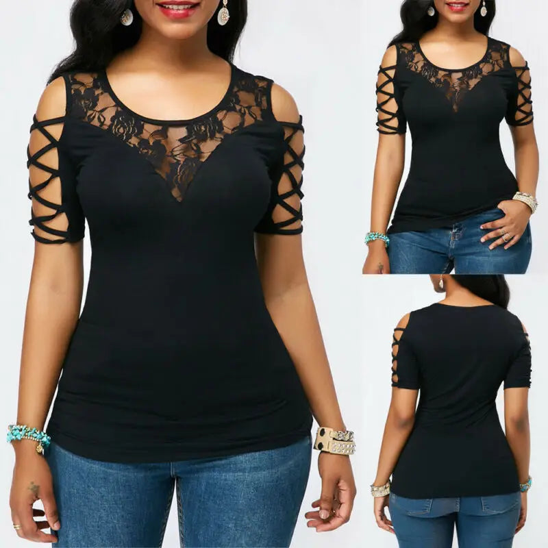 Personality Fashion  Women Cold Shoulder Round Neck T Shirts Summer Short Sleeve Floral Lace Slim Tee Tops