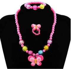 1Set=3pcs Imitation Pearl rose pink butterfly Necklace Bracelets rings kid's Children Jewelry Sets for Xmas party girl's Gift