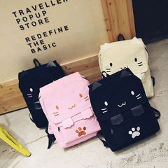 Cute Canvas Backpack Cartoon Cat Embroidery School Bag For Teenage Girls