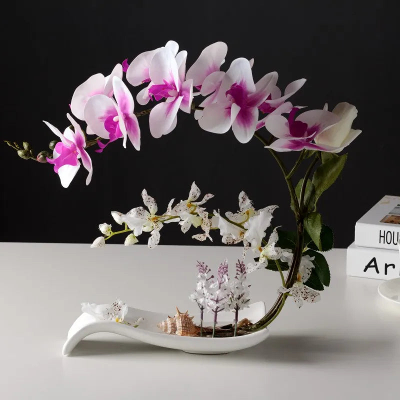 Butterfly Orchid Artificial Flowers Set Fake Flower Ceramic Vase