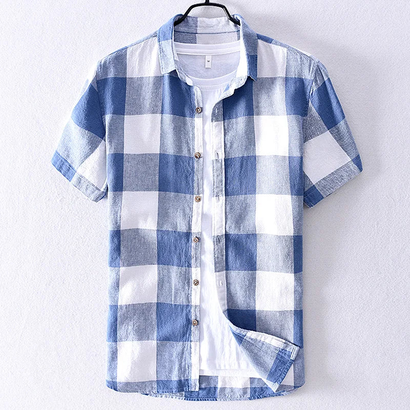 New Design Short-sleeved Linen Plaid Shirt for Men