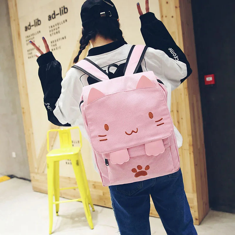 Cute Canvas Backpack Cartoon Cat Embroidery School Bag For Teenage Girls