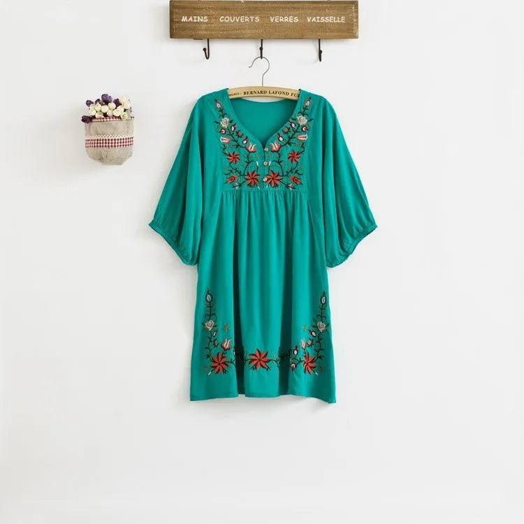 Ethnic Floral EMBROIDERED Hippie BOHO Mexican puff slv Loose DRESS