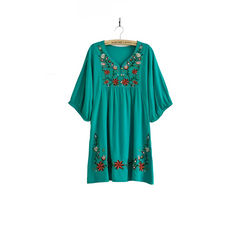 Ethnic Floral EMBROIDERED Hippie BOHO Mexican puff slv Loose DRESS