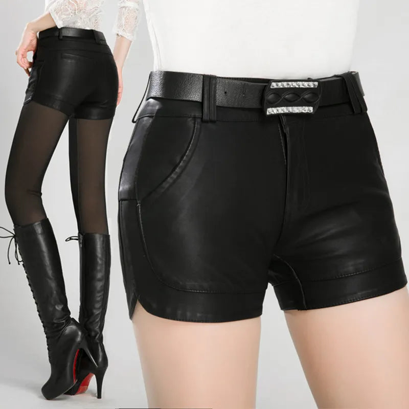 PU Leather Shorts Lady's Mid-Waist Short