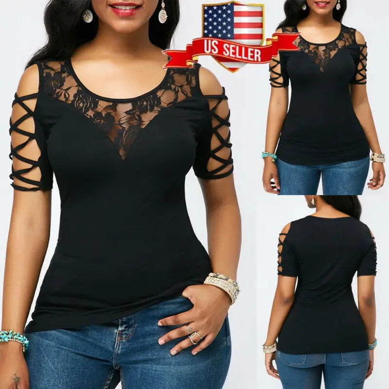 Personality Fashion  Women Cold Shoulder Round Neck T Shirts Summer Short Sleeve Floral Lace Slim Tee Tops