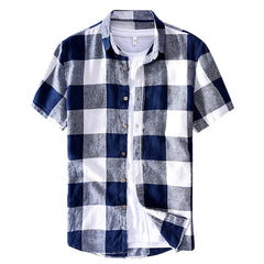 New Design Short-sleeved Linen Plaid Shirt for Men