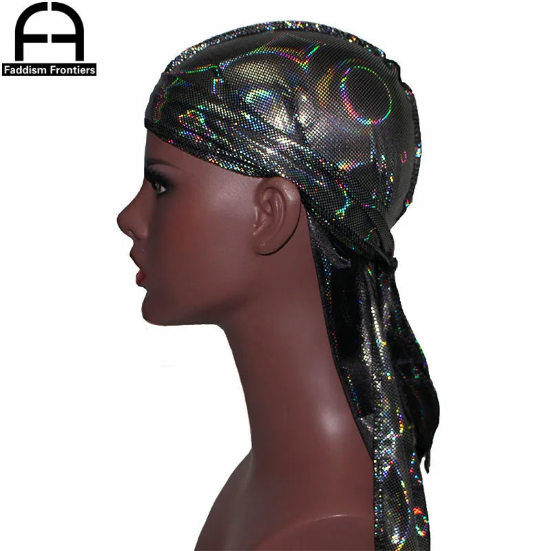 New Men's Colorful Sparkly Silky Durags Turban Bandanas Headwear Laser Men Silk DuRag