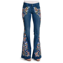 Spring Women Plus Size  Multicolor Boho Floral  Embroidery Long Flare Jeans