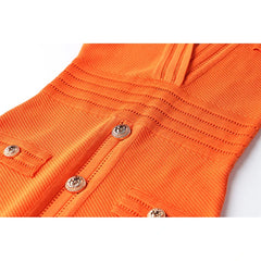 Orange Knitting Female Dress Short Sleeve V-neck Top Quality High Street