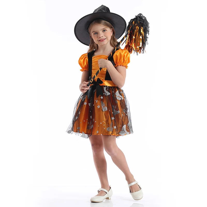 Children Girls Halloween Cosplay Witch Costume With Hat Witch Dress Clothing Set