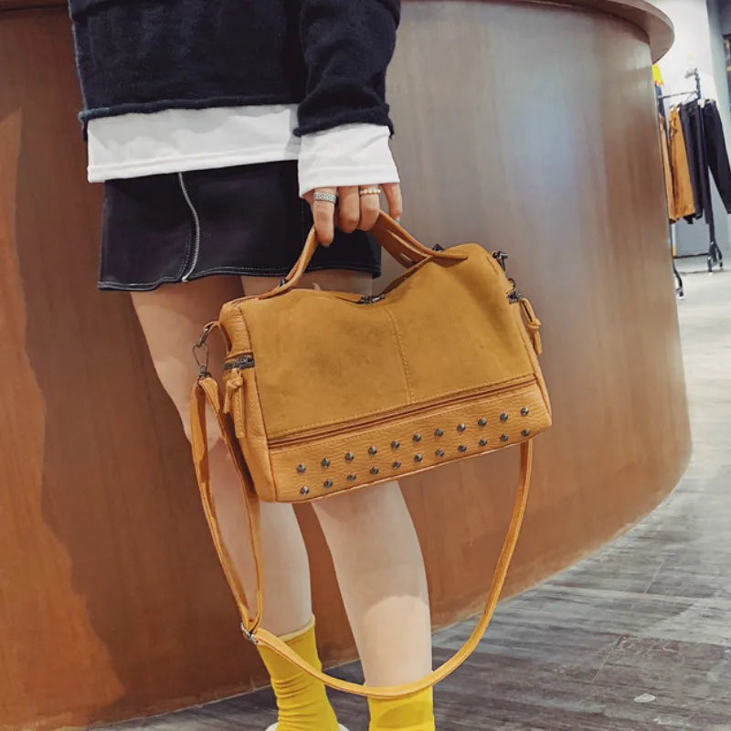 Women Bag Autumn Winter PU Bucket Rivet Vintage Patchwork High-Capacity Shoulder Bags