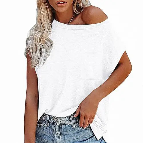 Solid Color Short Sleeve T-shirts Women Off Shoulder O Neck Tshirts for Women