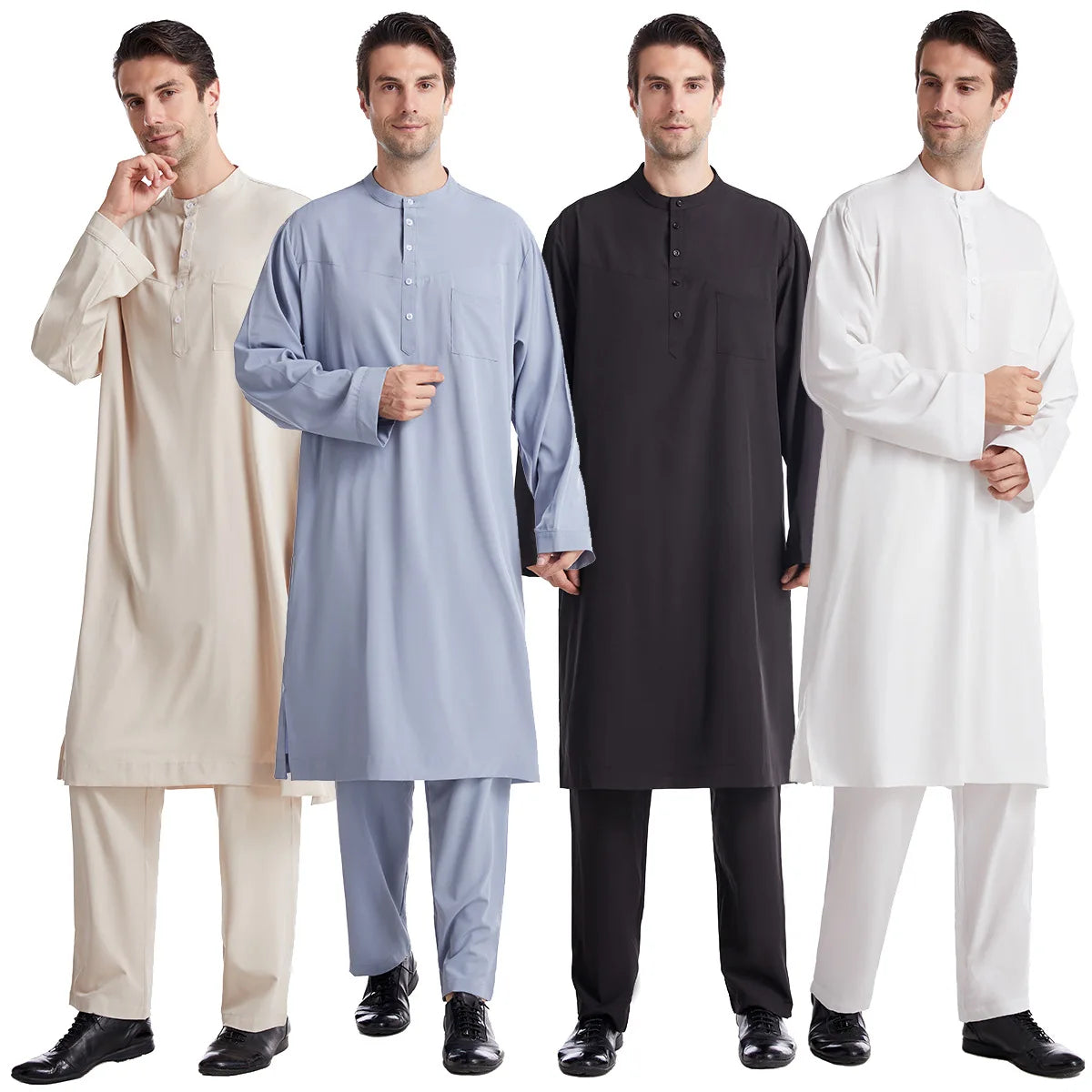 Muslim Arabic Men Jubba Thobe Button Robe+pants2pcs Clothes Suit Abaya Saudi Arabia Eid Turkey Kurtas Islamic Muslim Daily Dress