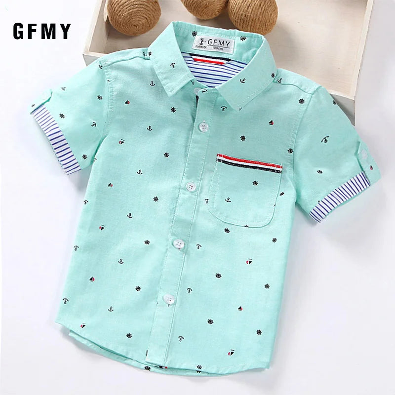 Children Shirts Casual Solid Cotton Short-sleeved Boys shirts For 2-14 Years Ribbon Decoration Baby shirts