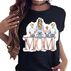T Shirt Cartoon Mom with Sons Shirt Fashion Print Casual Woman Tee Ladies