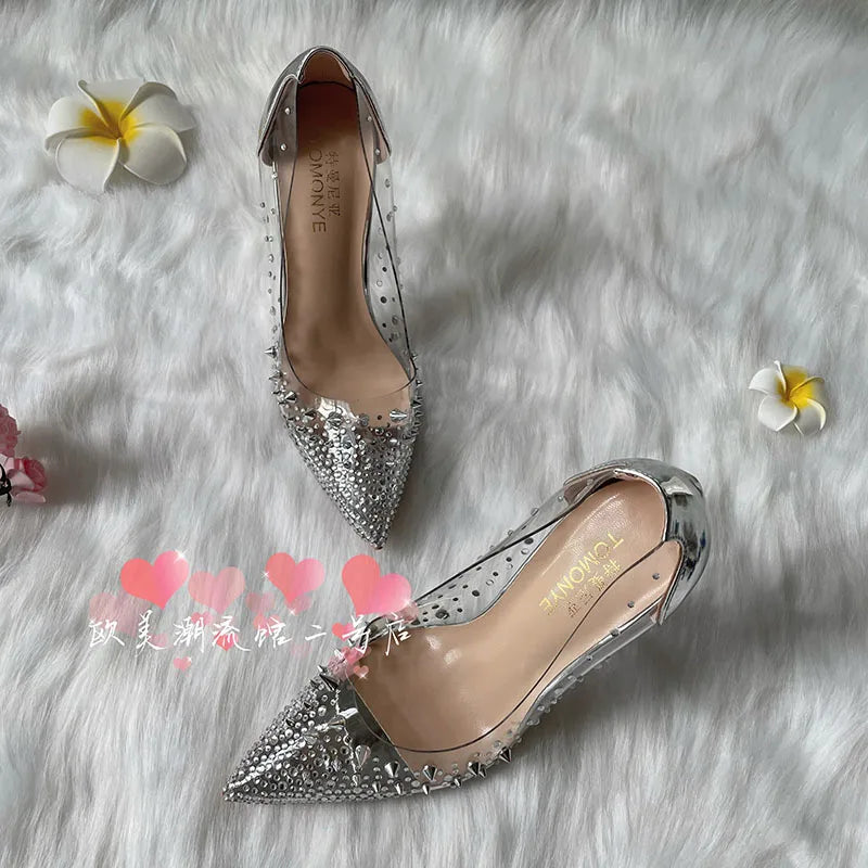 TOMONYE transparent PVC silver crystal stud spike women lady girl 120 100 thin heel wedding party shoes hot sale