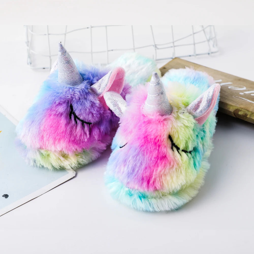 Girls Winter Rainbow Unicorn Slippers