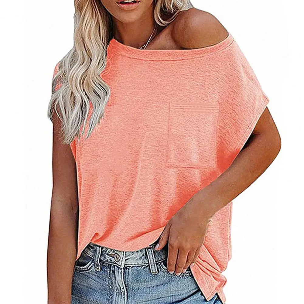 Solid Color Short Sleeve T-shirts Women Off Shoulder O Neck Tshirts for Women