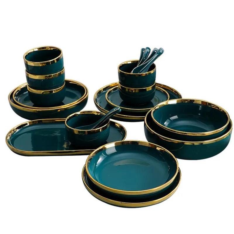 Gilt Rim Green Ceramic Plate Steak Food Plates Bowls Ins Dinner Dish