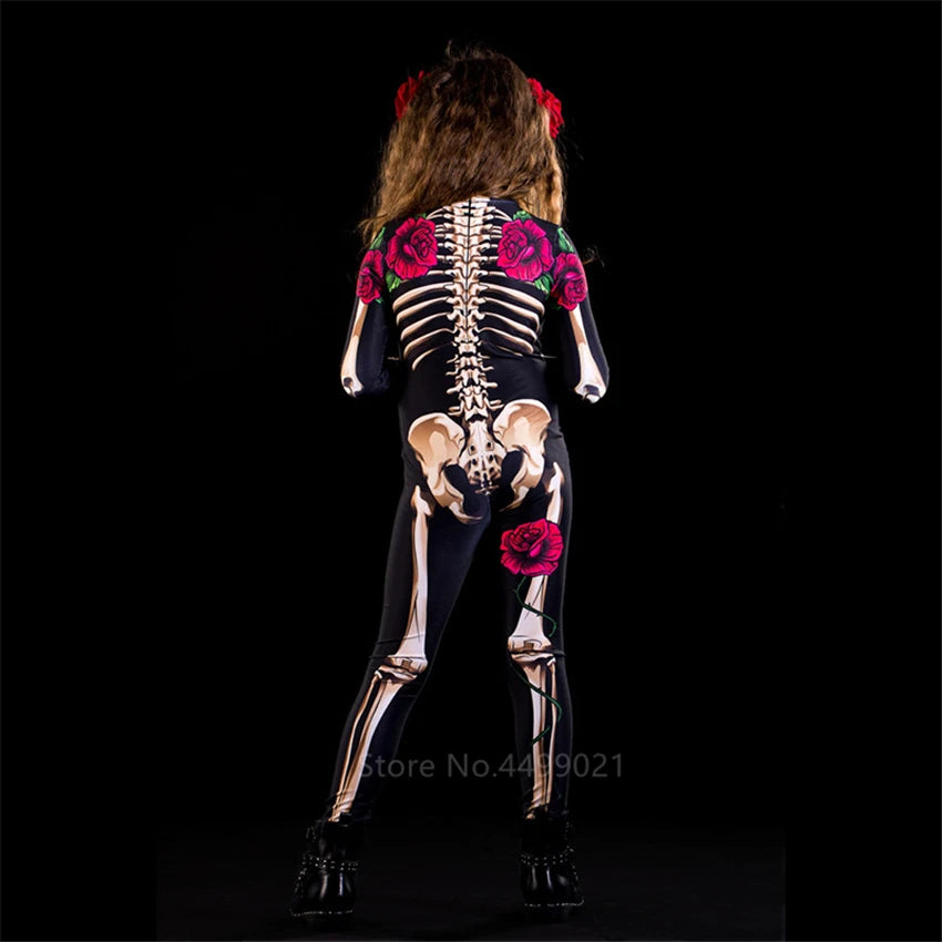 Halloween Dress Scary Costume Rose Skeleton Adult Kids Cosplay Jumpsuit