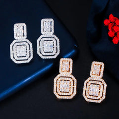 Pera Classic Square Dangle Bling Cubic Zirconia Pendant Necklace Earring Women Wedding Costume Party Jewelry Set