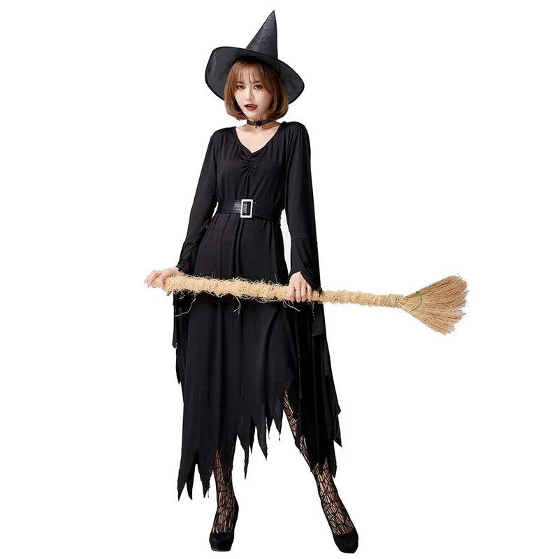 Halloween Women Witch Costume Evil Witch Cosplay Outfit Carnival Masquerade Irregular Black Fantasia Dress With Hat