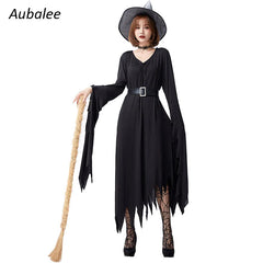 Halloween Women Witch Costume Evil Witch Cosplay Outfit Carnival Masquerade Irregular Black Fantasia Dress With Hat