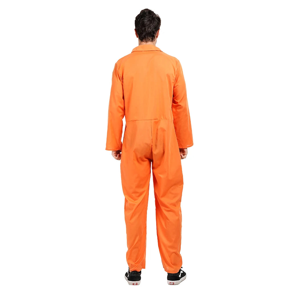 Eraspooky Men's Prisoner Jumpsuit Cosplay Halloween Costume For Adult Orange Criminal Jailbird Inmate Shirt Carnival Outfit