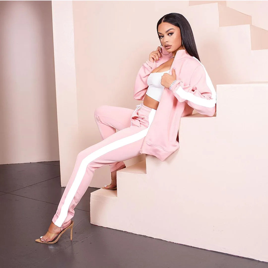 Winter Women Clothing Matching Two Piece Sets Casual Long Sleeve Stripe Sport Pant Suits