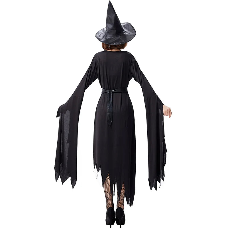 Halloween Women Witch Costume Evil Witch Cosplay Outfit Carnival Masquerade Irregular Black Fantasia Dress With Hat