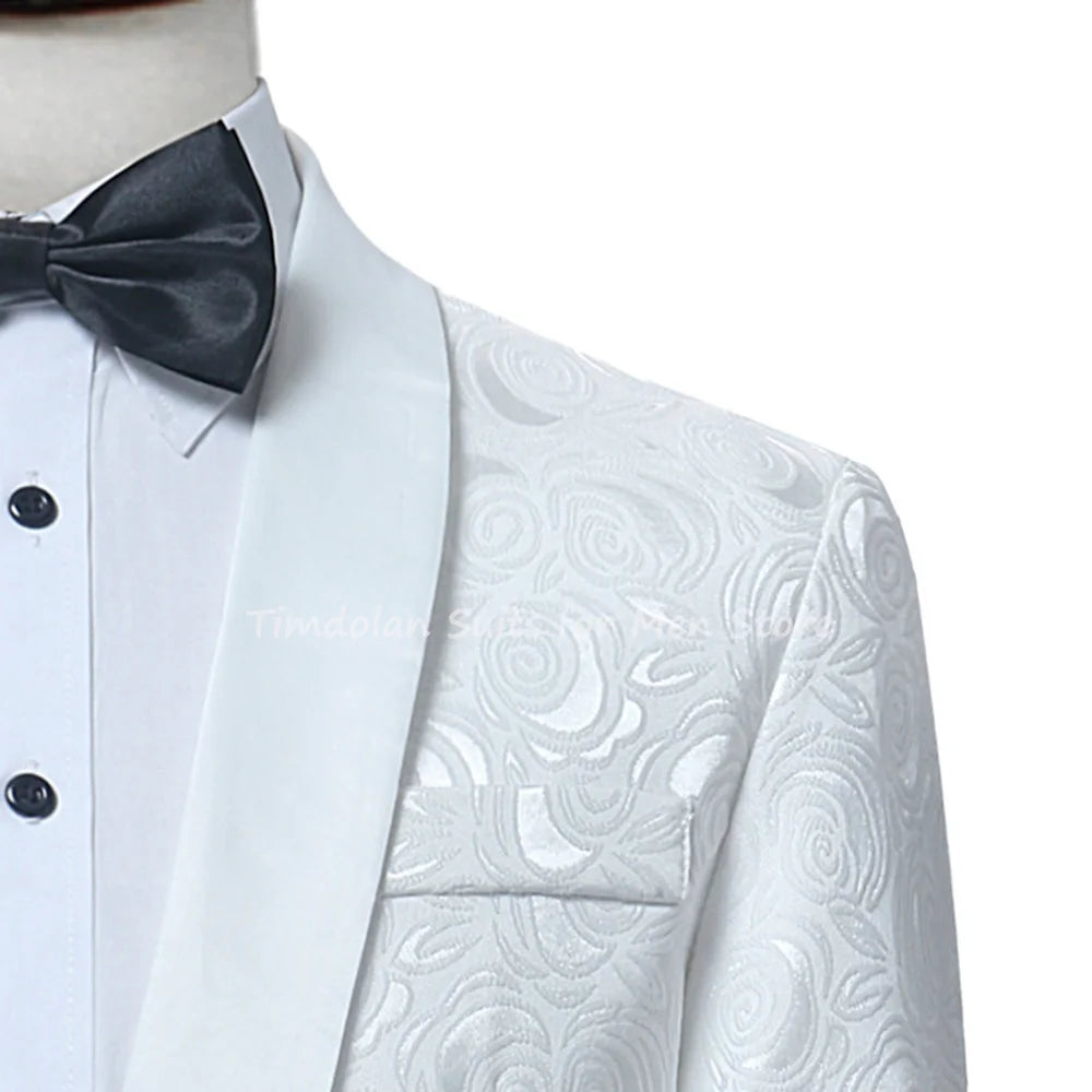 White Printed Men‘S Suits Slim Fit Custom Made Shawl Lapel Men’S Wedding Tuxedo