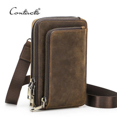 CONTACT'S Crazy Horse Leather Men Crossbody Bag Casual Waist Pack Fanny Belt Bag For Male Small Phone Pocket Shoulder Bags